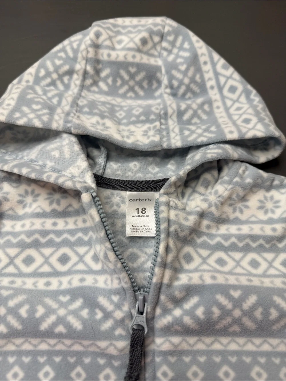 Carter’s Fleece Hooded Zip-Up - Light Blue & White. Size: 18M